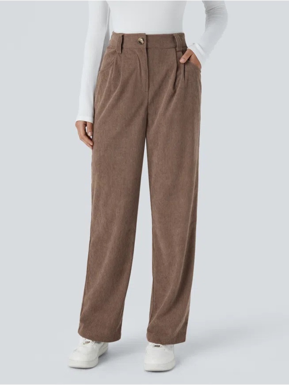 Halara High Waisted Zipper Pocket Corduroy Casual Pants - Acorn Brown Trousers